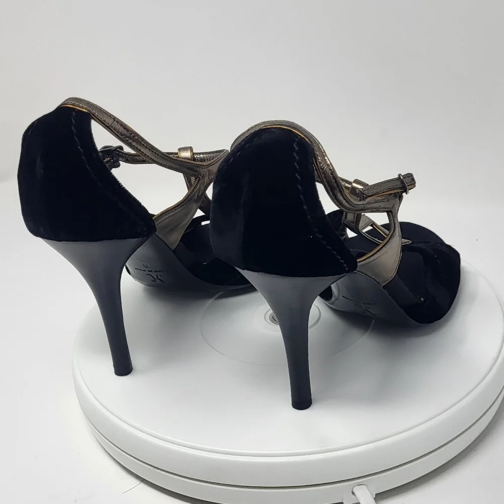 Cole Haan Black Velvet & Brassy Gold Open Toe Stilletto T-Strap Heels - Picture 8 of 16